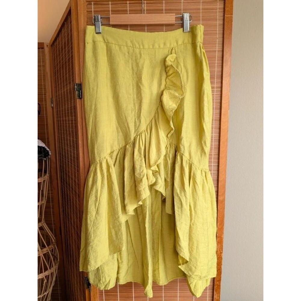 Chartreuse Lime Asymmetrical Ruffle Midi Skirt Boho Cottagecore Rayon M